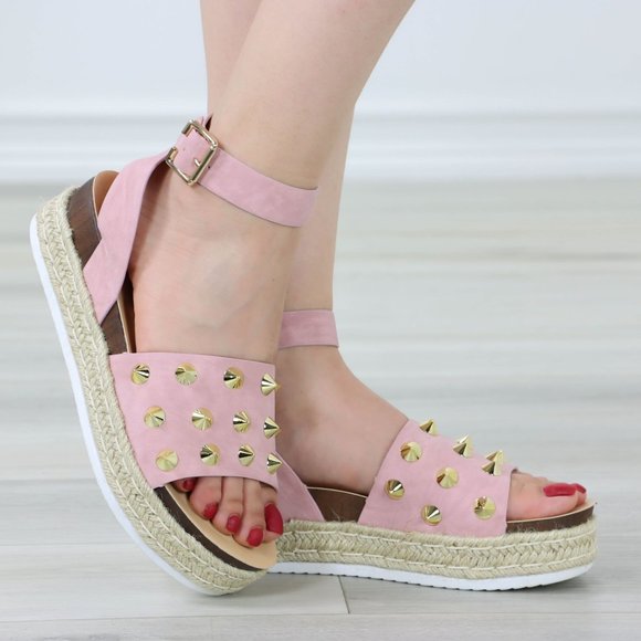Shoes - Dusty Pink Nubuck Metal Stud Sandals Espadrille Platform Heel